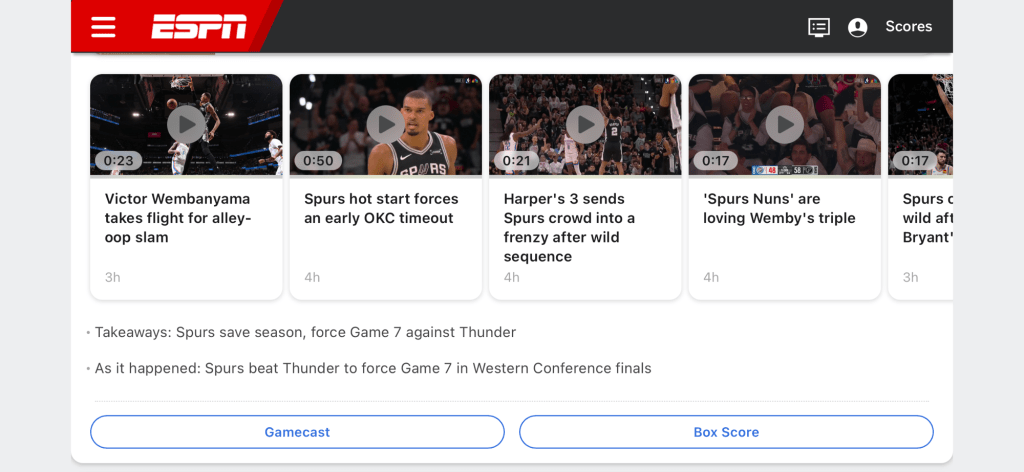 Capture d'écran qui montre les résultats d'un match de basket --il y a quatre vidéos et deux gros titres, et la taille de tout le texte est bien réduite.