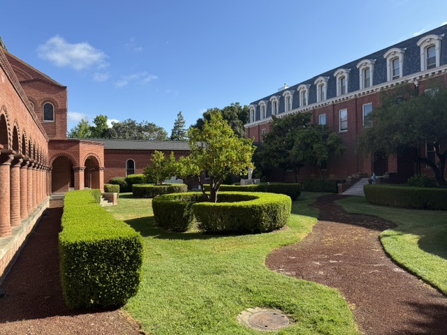 Vue de la cour à l'intérieur ; il y a des haies et des arbres partout. 