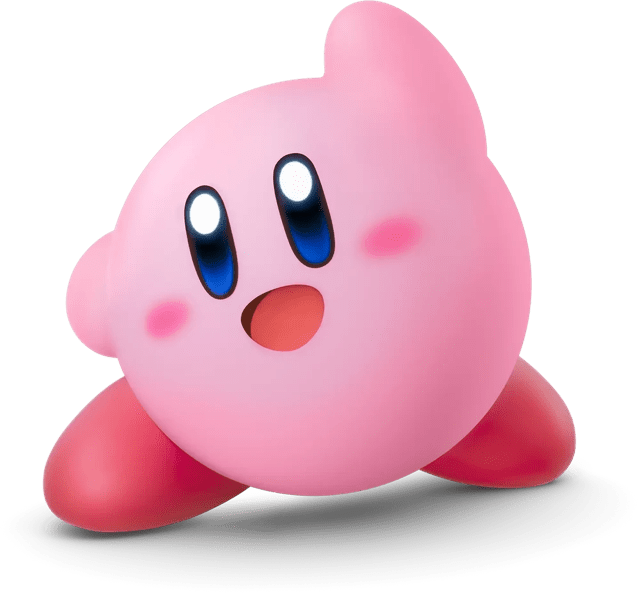 Kirby est une sphère rose avec deux yeux très stylé animé, deux mains qui ne sont que des formes floues à ses côtés, et deux pieds qui sont en forme d'ovale, avec une couleur rose foncée. 