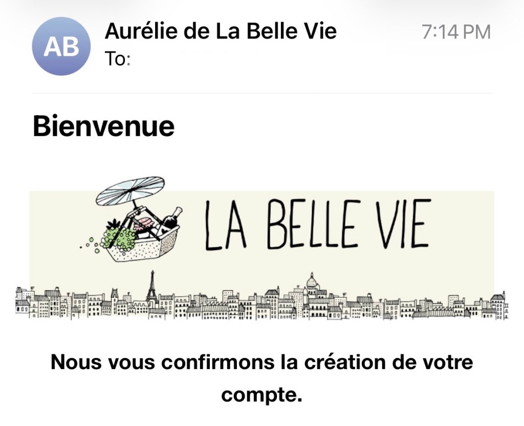 Le sujet est « Bienvenue ». L'expéditrice est « Aurélie de La Belle Vie ».