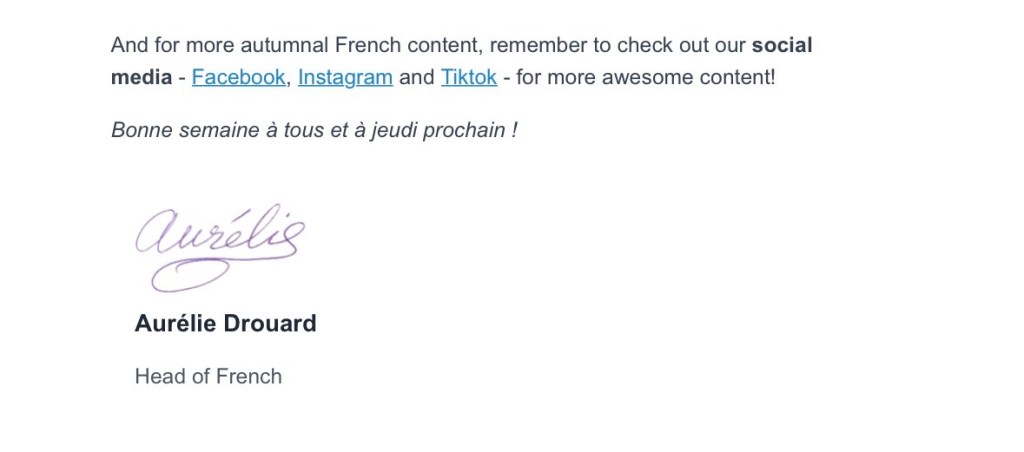 Fin d'un courriel en anglais du site Kwiziq signé par son chef d'instruction, Aurélie Drouard.