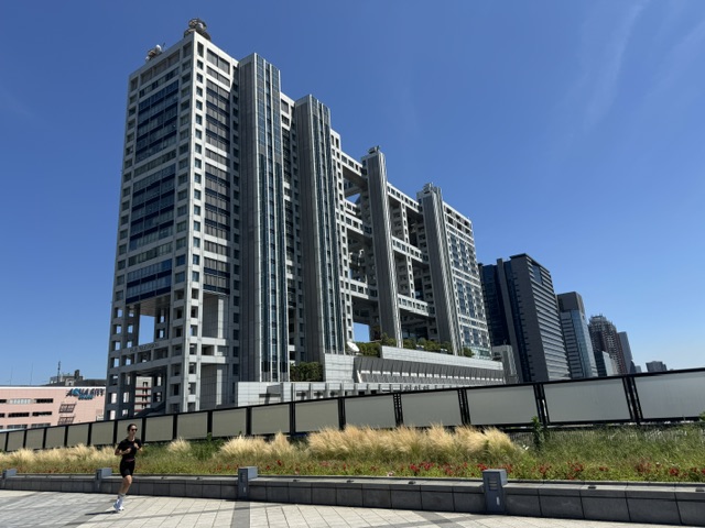 Vue du côté le plus long -- le bâtiment a plein de trous rectangulaires dans sa structure et a l'air d'être un squelette