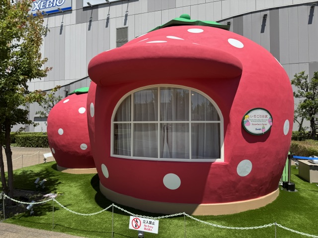 Vue de côté -- la maison ressemble à une fraise géante, avec une fenêtre plus large que grande