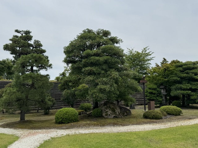 Sentier qui traverse le jardin, avec de nombreux arbres à l'autre côté.
