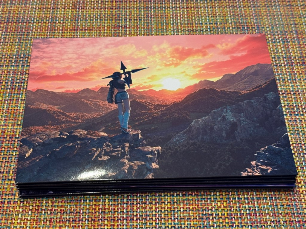 Dessin de Yuffie, une fille ninja, sur le sommet d'une montagne