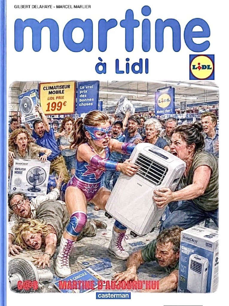Ça dit « Martine à Lidl », et l'image est d'une émeute où Martine lutte contre une femme adulte pour un climatiseur mobile.