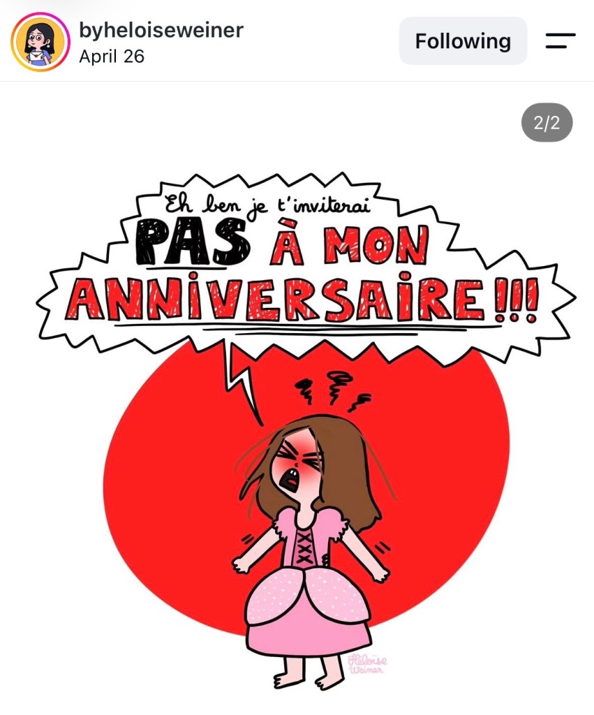 Fillette dans une robe rose qui crie : « Eh bon je t'inviterai pas à mon anniversaire ! »