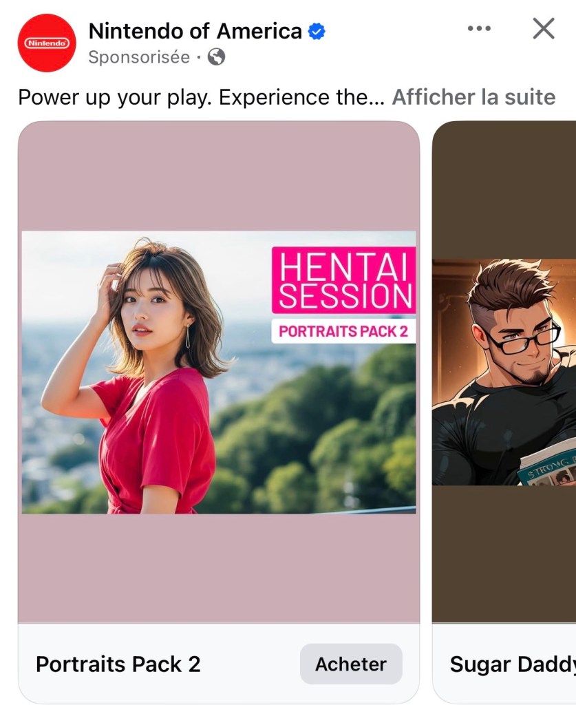 Capture d'écran d'une pub sur Facebook pour Nintendo. Plusieurs jeux sont mis en avant, mais de développeurs indépendants. Et malheureusement, les deux ici ont des contenus sexuels.