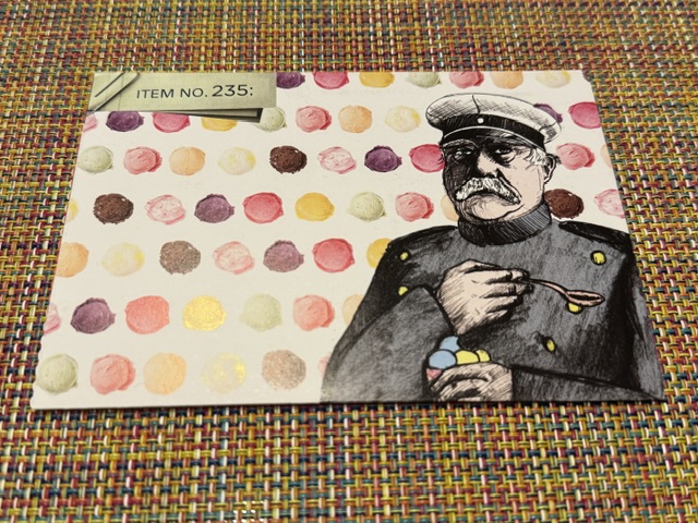 Dessin d'Otto von Bismarck devant des rangs de boules de gelato.