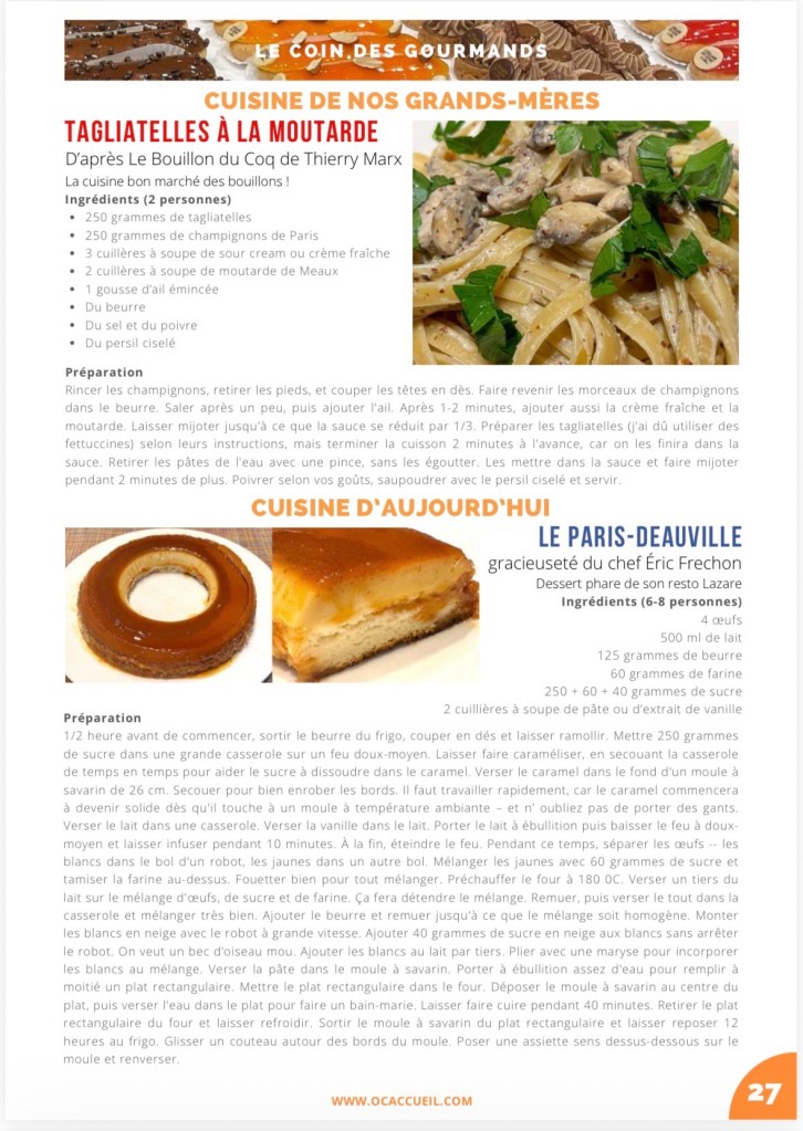 Capture d'écran des deux recettes sur une page. Les tagliatelles portent le gros-titre « Cuisine de nos grand-mères » ; le dessert, « Cuisine d'aujourd'hui ».