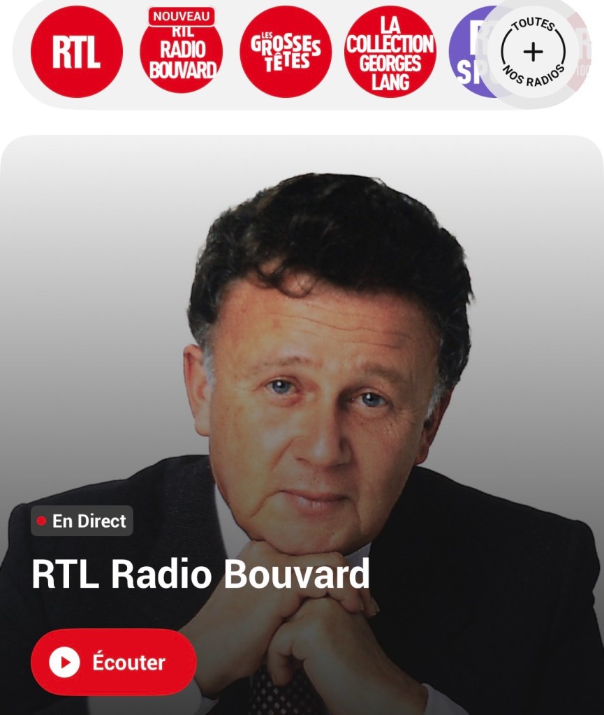 Capture d'écran de la nouvelle chaîne sur web « RTL Radio Bouvard », avec une photo de lui des années 1970.