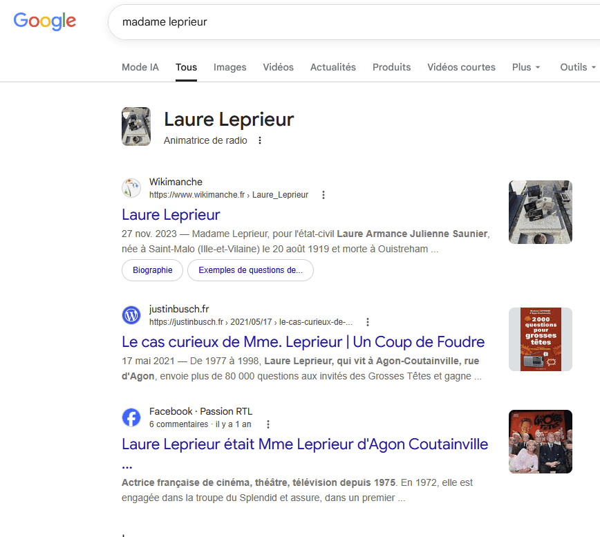 Capture d'écran de Google -- barre de recherche, Wikimanche, puis ce blog