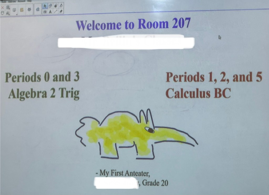 C'est une diapositive avec le nom du prof, les noms de ses cours, et un dessin comme ferait un enfant de 5 ans.