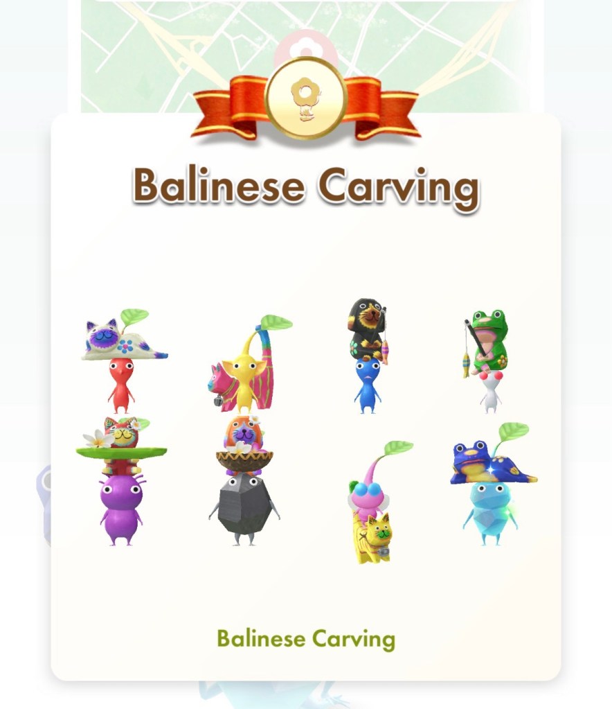C'est une collection de 8 Pikmin, tous portant une petite sculpture balinaise. Il y a des chats, des chiens, et des grenouilles.