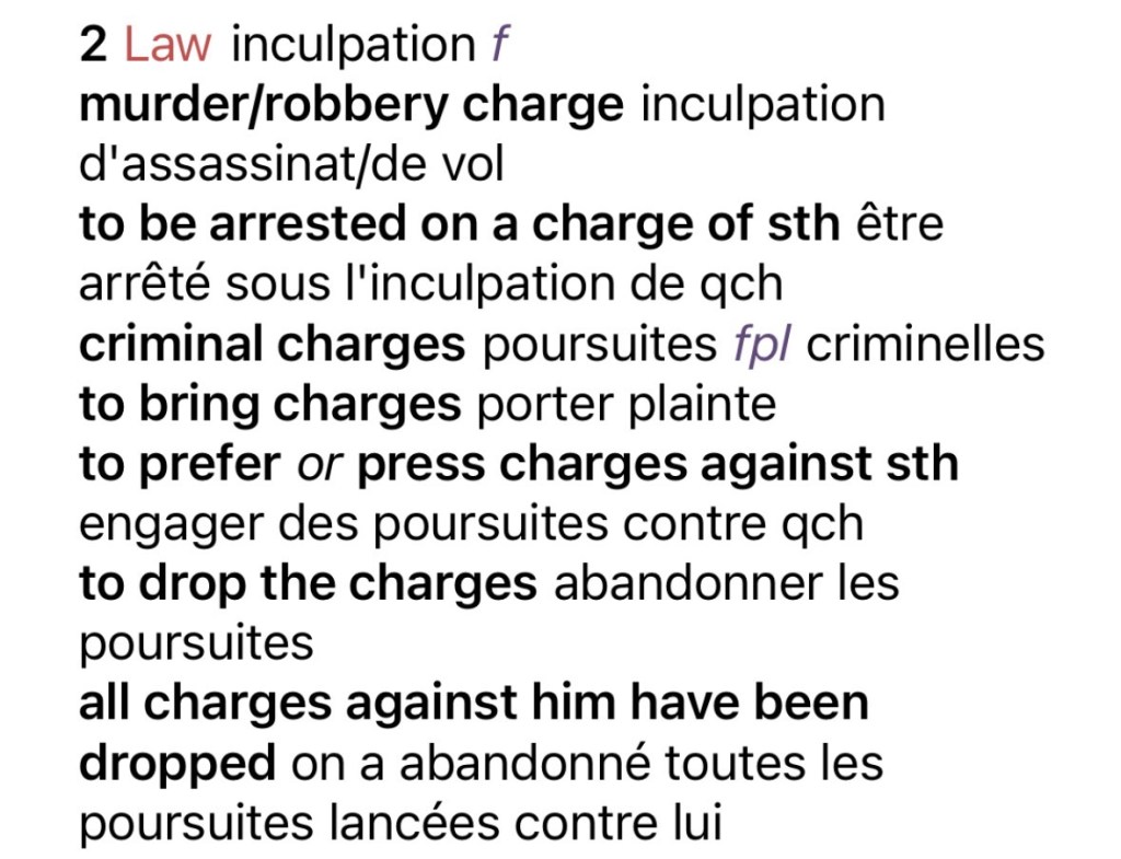 Capture d'écran de l'entrée du dictionnaire Oxford pour le mot "charge" dans son sens légal.