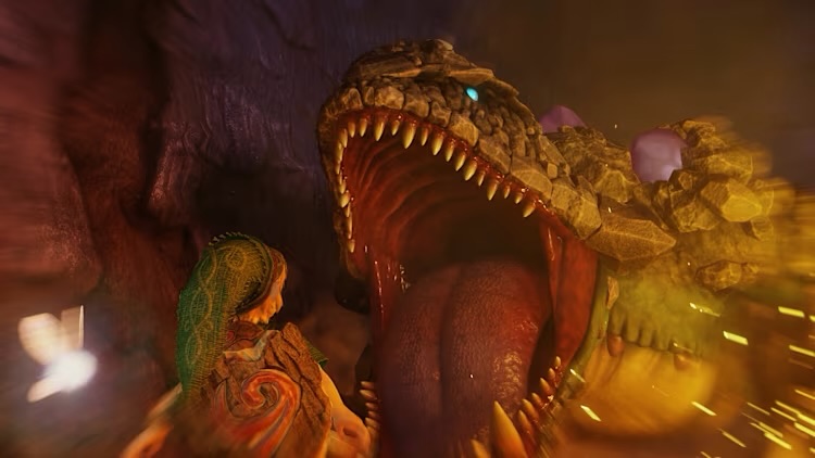 C'est un dinosaure avec une bouche ouverte, plus grande que l'enfant Link.