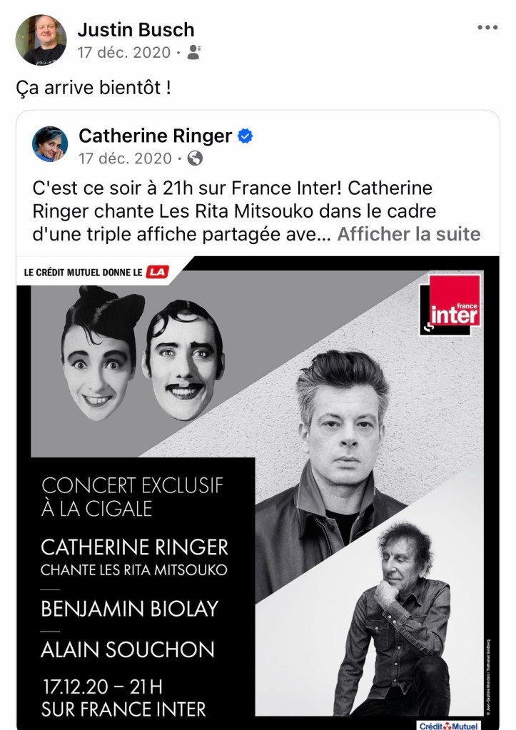 Le 17 décembre 2020, elle est apparue sur France Inter avec Benjamin Biolay et Alain Souchon. C'est une capture d'écran de l'annonce sur son compte FB.