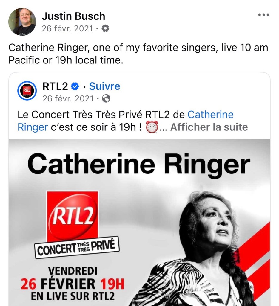 Capture d'écran de l'annonce de son « Concert Très Très Privé » sur RTL2 le 26 février 2021.