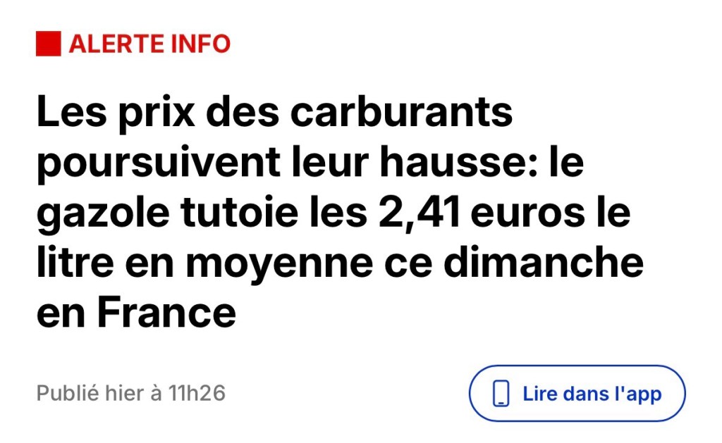 Les prix des carburants poursuivent leur hausse : le gazole tutoie les 2,41 euros le litre en moyenne ce dimanche en France