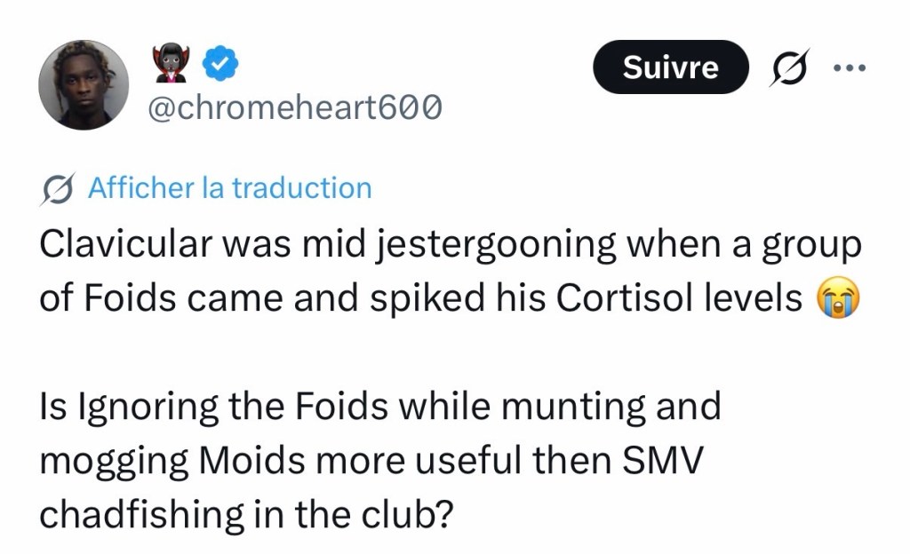 Clavicular was mid jestergooning when a group of Foids came and spiked his Cortisol levels 😭
Is Ignoring the Foids while munting and mogging Moids more useful then SMV chadfishing in the club?