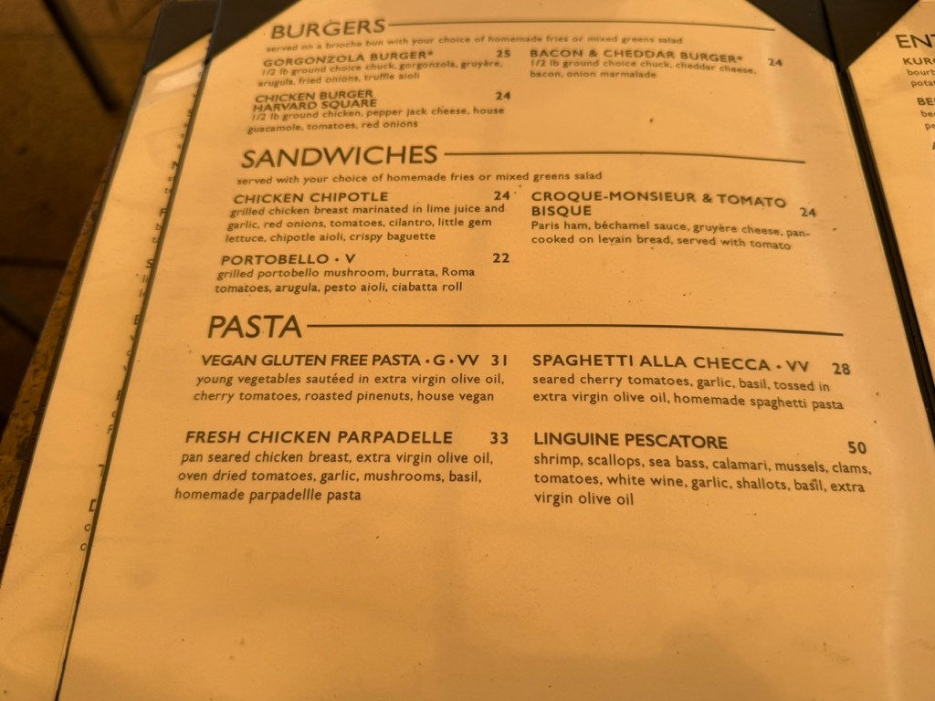 Carte de burgers, de sandwiches et de pâtes.