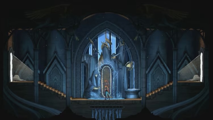 C'est l'intérieur d'une cathédrale de style gothique, plein d'ombres. La héroïne, Rose, semble être devant une statue de la Vierge.