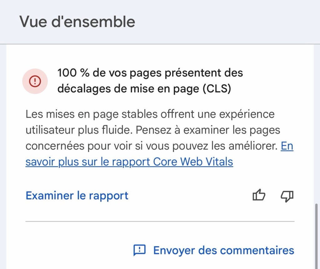 Alerte de Google, de mon tableau de bord, que « 100 % de vos pages présentent des décalages de mise en page »