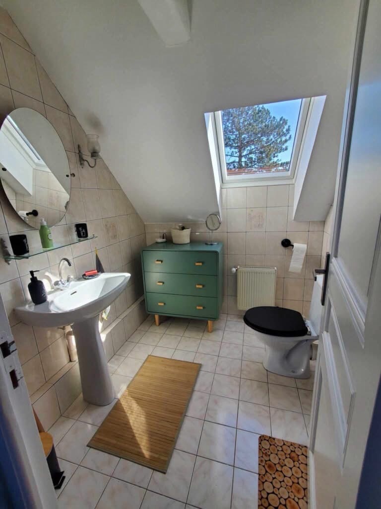 Salle de bain avec un plafond bien diagonal, qui semble venir juste au-dessus de la tête de quiconque utilise la toilette