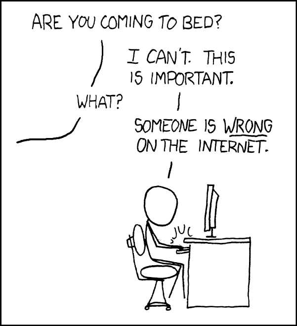 C'est un dessin de la BD en ligne XKCD. Un homme est assis devant un ordinateur de bureau. Il parle à quelqu'un hors scène. Le dialogue est traduit dans l'article.