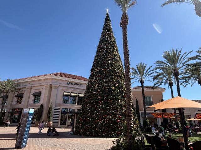 C'est un grand arbre de Noël, presque certainement artificiel, d'environ 30 mètres, bien plus haut que le bâtiment de 2 étages derrière l'arbre.