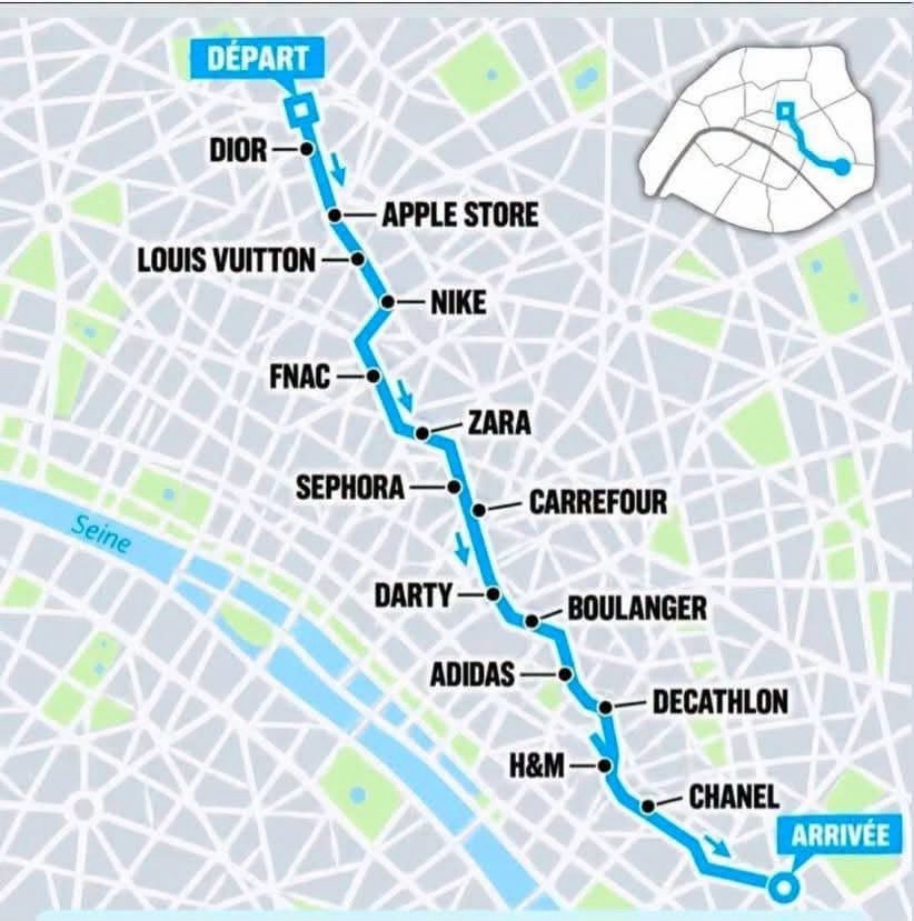 C'est un trajet au centre de Paris, avec des étapes labellisées Dior, Apple, Louis Vuitton, etc.