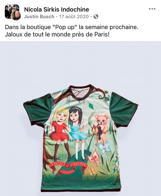 Capture d'écran d'un post que j'ai fait dans un groupe de fans d'Indochine sur Facebook en août 2020, à la recherche d'un certain t-shirt avec l'art de l'album « Alice et June ».